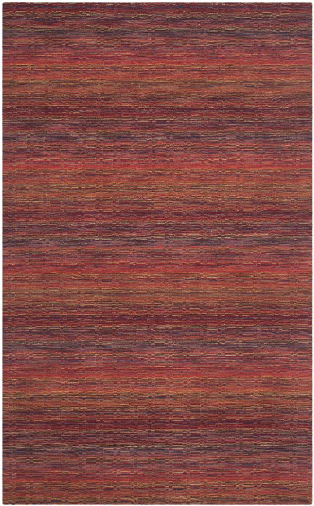 Wool rug with closely woven red, burgundy, and orange stripes for cozy color and subtle texture