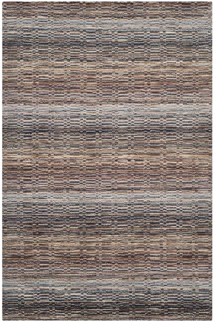 Fine blue, beige, and brown stripes bring subtle movement to this rectangular wool rug