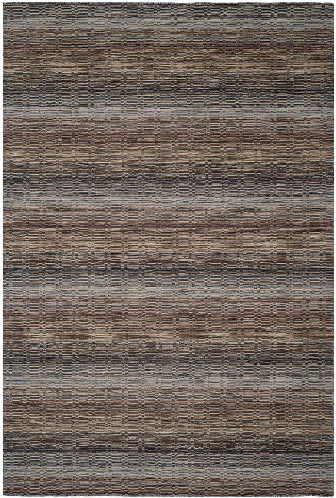 Dark blue and warm brown bands give this hand-loomed wool rug rich, layered texture