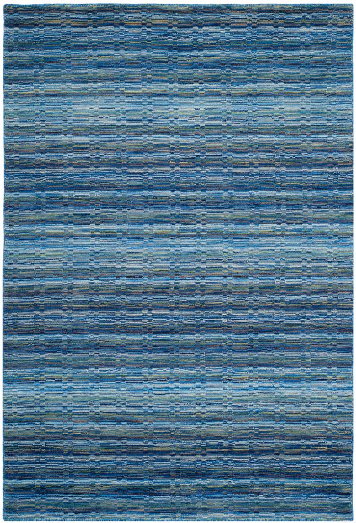 Blue wool rug with finely woven bands of pale aqua and deep navy