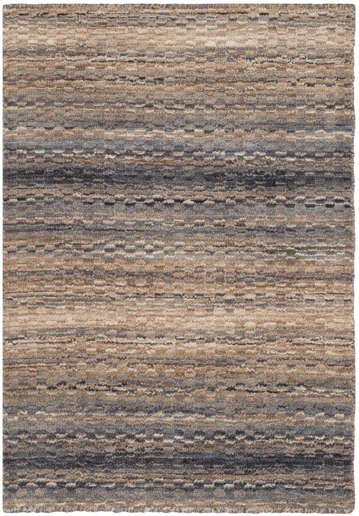 Muted gray bands cross a textured wool rug with warm beige undertones