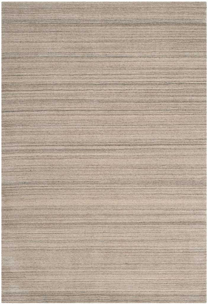 A compact stone-colored rug features soft horizontal striations and a simple rectangular shape