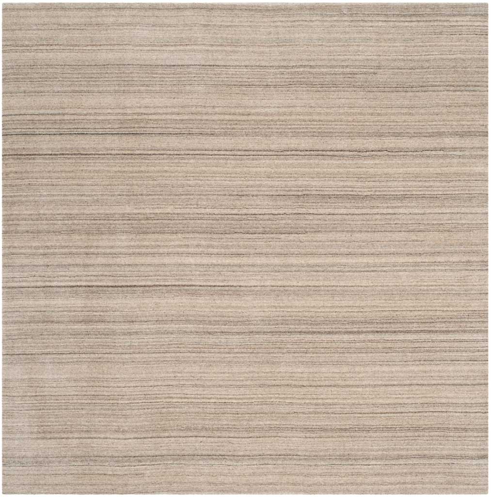 A square stone-colored rug pairs softly varied linear texture with clean edges