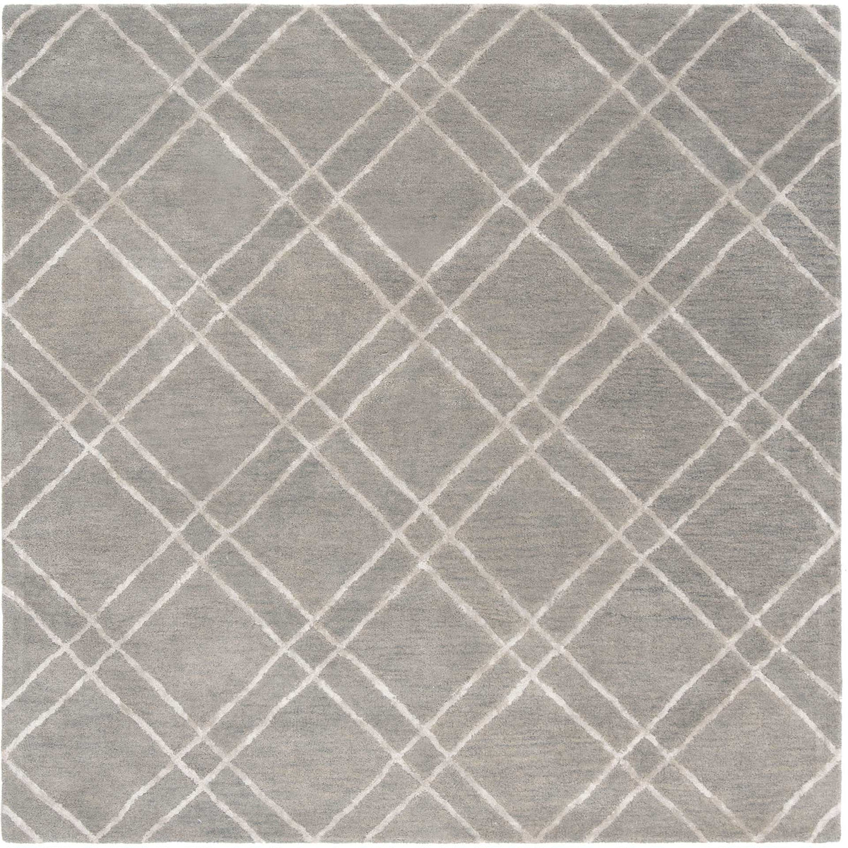 Square gray wool rug with a crisp silver crisscross pattern
