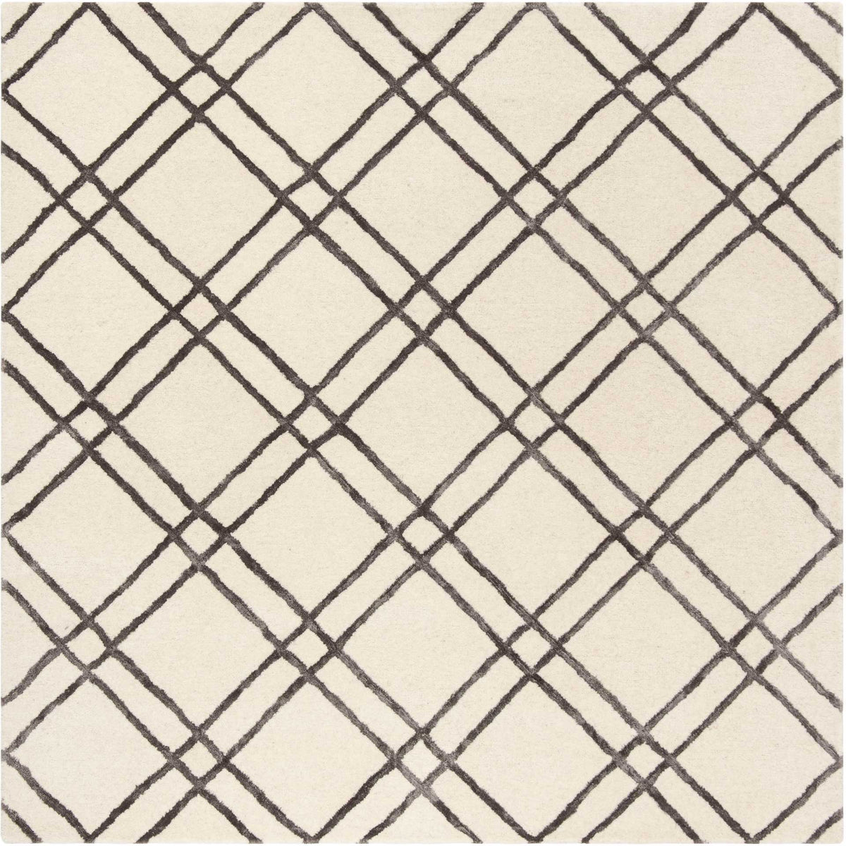 Square ivory wool rug with bold dark gray latticework