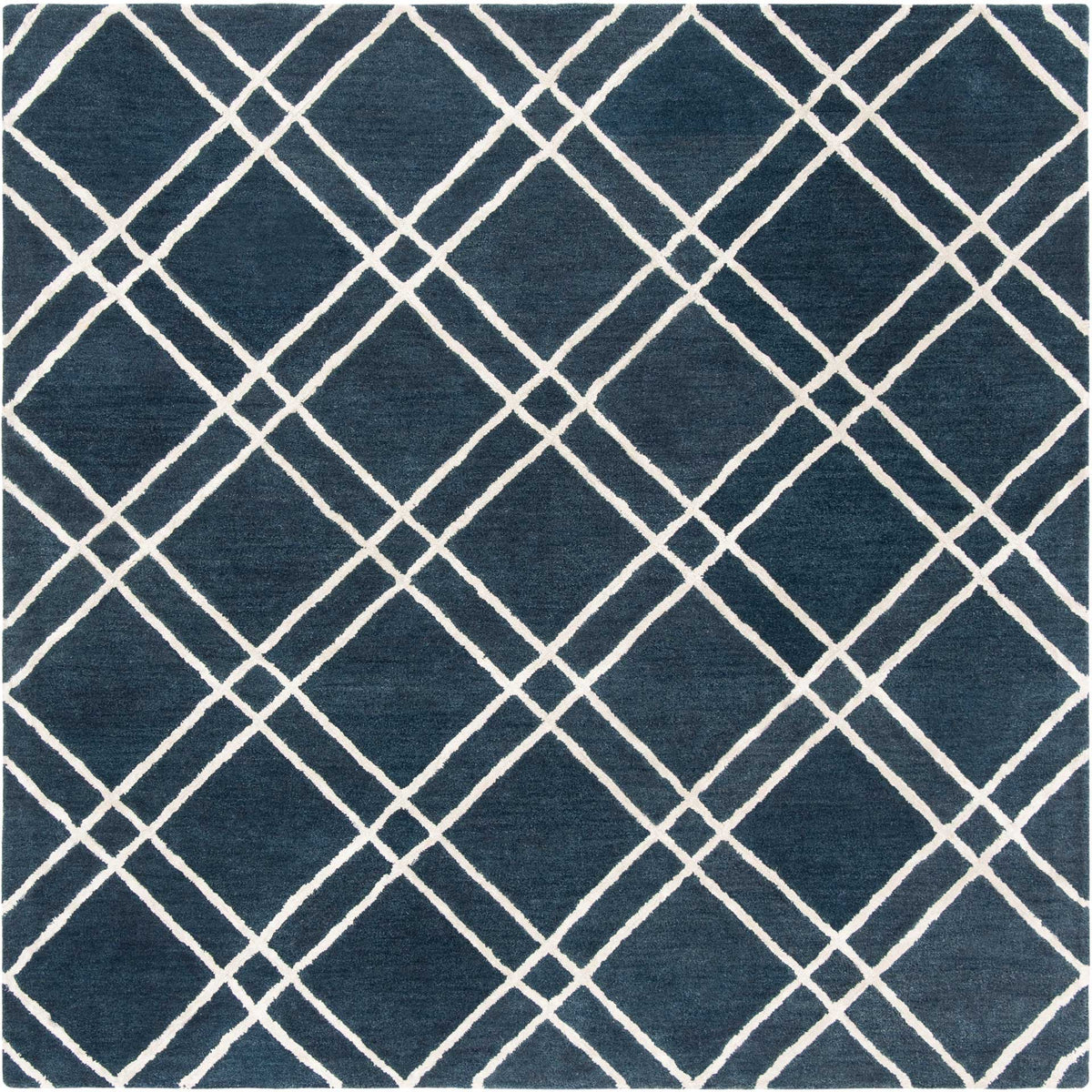 Square navy wool rug balances rich color with a crisp silver trellis