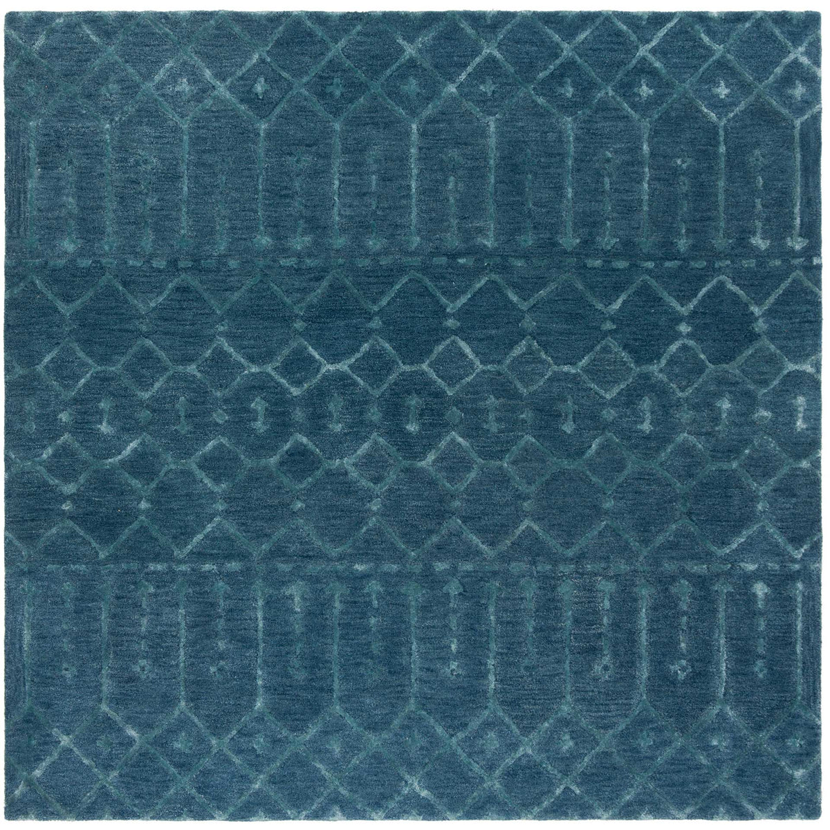 Square navy wool rug with silver trellis lines, diamond bands and vertical motifs
