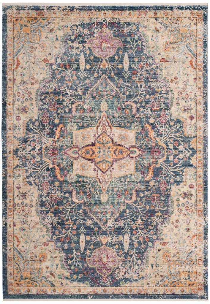 Deep blue floral vines surround a warm-toned medallion, while a softly distressed border completes the rug.