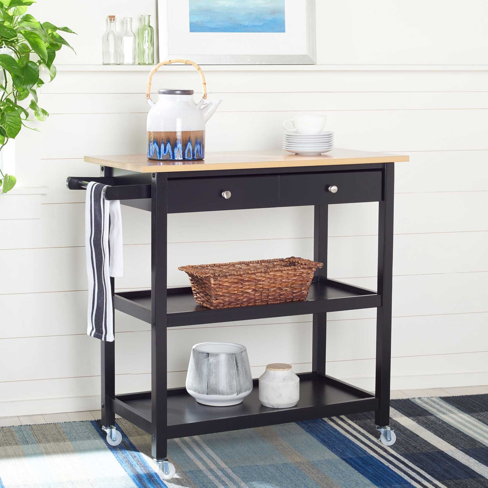 Coffe 2 Drawer 2 Shelf Kitchen Cart Natural/Matte Black