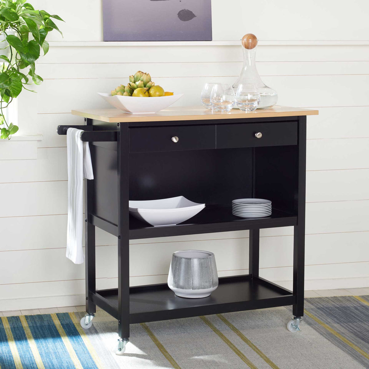 Dalit 2 Drawer 2 Shelf Kitchen Cart Natural/Matte Black