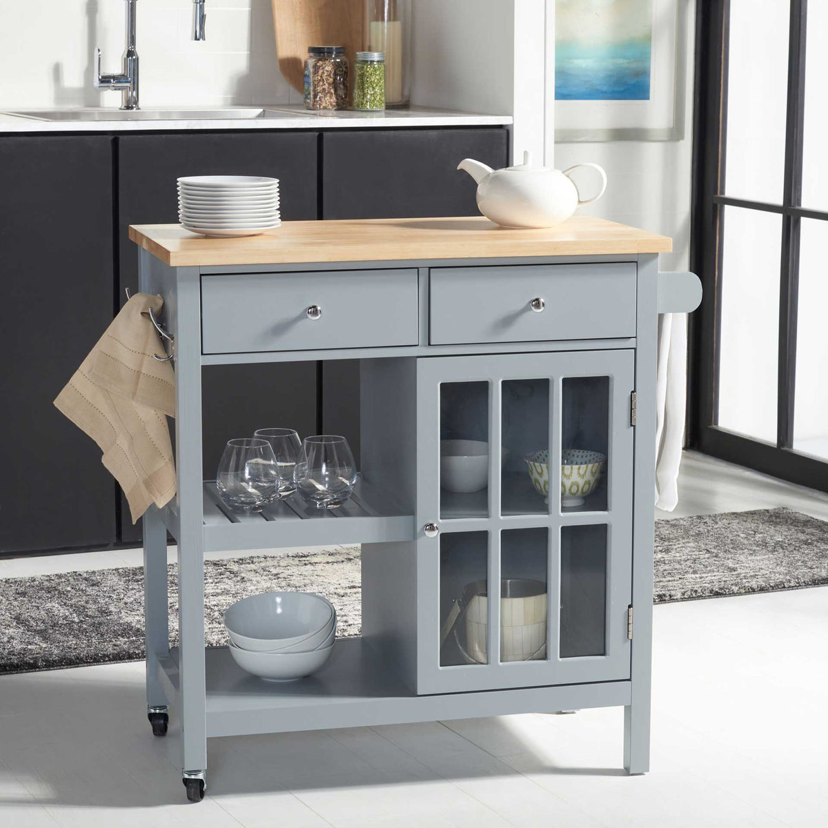 Lodi 1 Door 2 Drawer 2 Shelf Kitchen Cart Gray/Natural