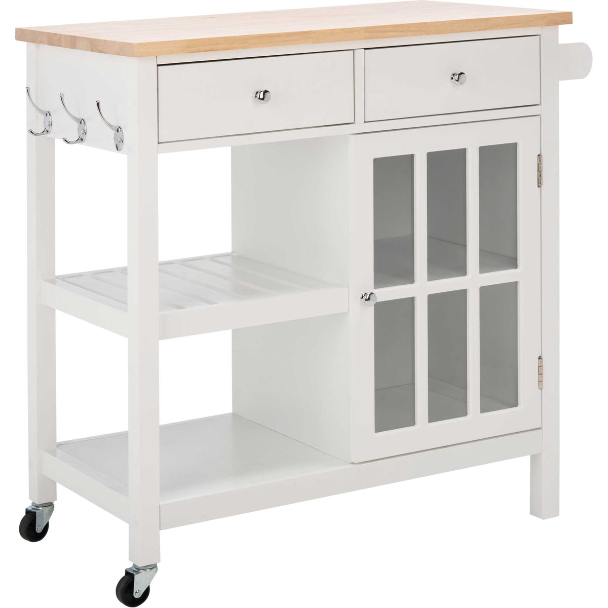 A white kitchen cart pairs a natural wood top with side hooks, caster wheels, and glass-door storage || KCH8703B || front_angle_studio