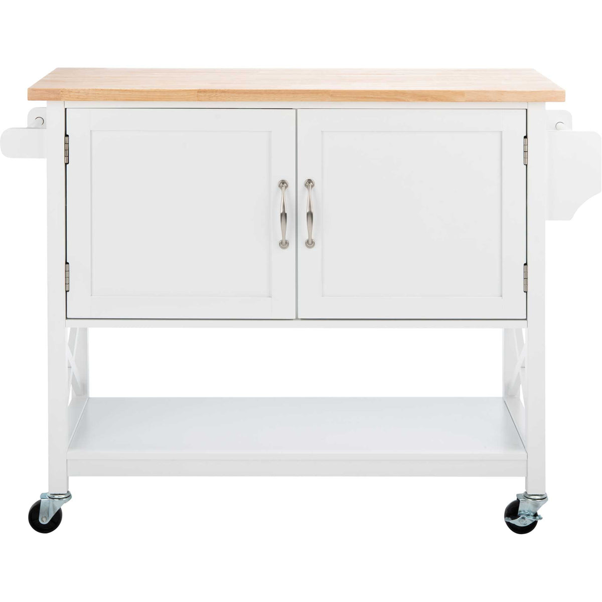 Two paneled doors with curved metal pulls conceal storage above a spacious open shelf || KCH8705A || front_studio