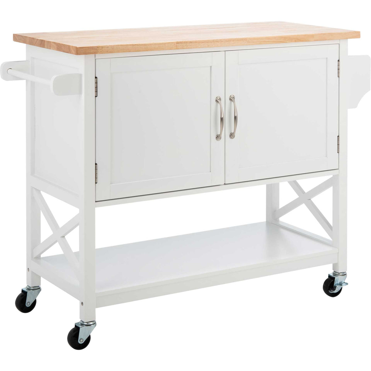 White rolling kitchen cart pairs a natural wood top with cross-braced sides and an open lower shelf || KCH8705A || front_angle_studio