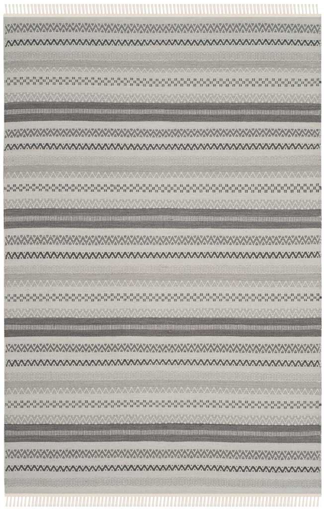 A 4 x 6 ft gray rug features repeating linear motifs and soft fringe along its short edges
