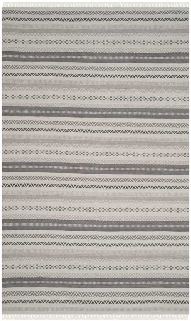 A 5 x 8 ft gray wool-blend rug blends charcoal and ivory bands with fine woven zigzags
