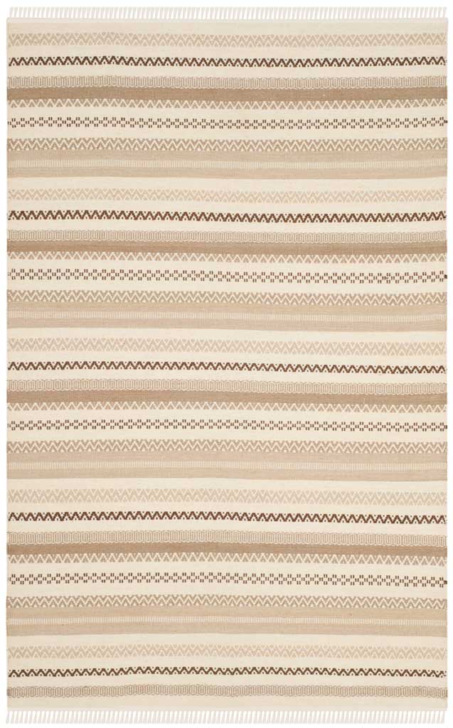 A 4 x 6 ft beige rug displays patterned brown and ivory stripes with delicate fringe