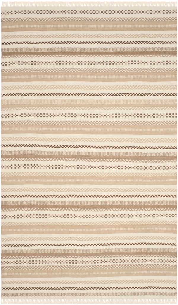 A 5 x 8 ft beige wool-blend rug mixes ivory and tan stripes with repeating zigzag motifs