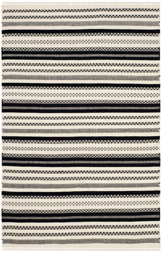A 4 x 6 ft ivory rug features bold black bands and fine zigzag motifs finished with fringe