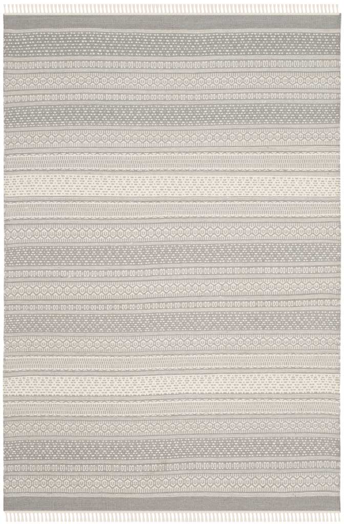 Intricate geometric stripes in soft gray and ivory give this fringed rug an airy look.