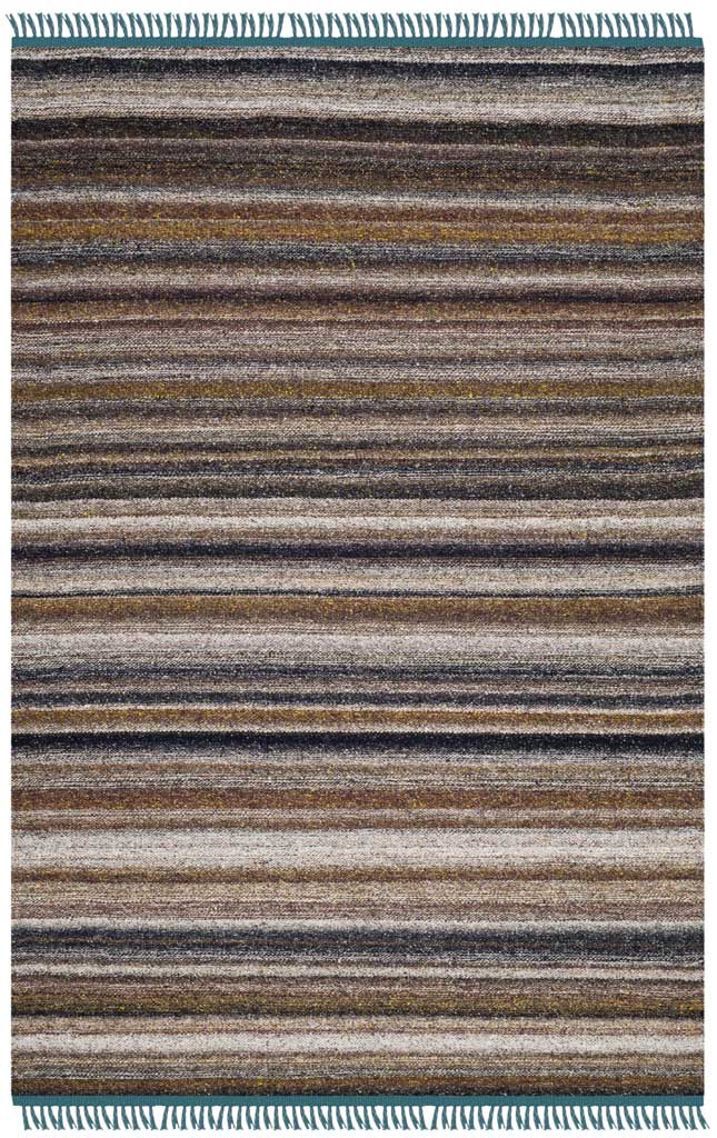 Varied gray, taupe, and purple stripes give this fringed rug an earthy, understated look