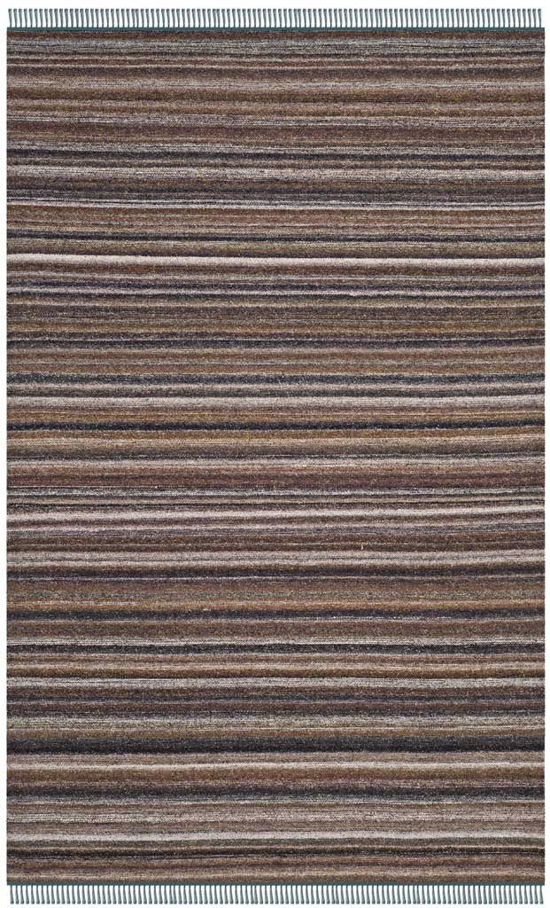 Fine charcoal and muted violet bands run across a rectangular rug finished with blue fringe