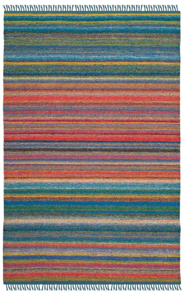 Bold blue bands mingle with red and orange stripes across a rectangular rug with fringed ends