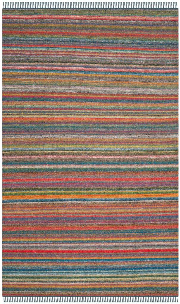 Closely spaced teal, coral, and gold stripes give this fringed rug a lively woven texture