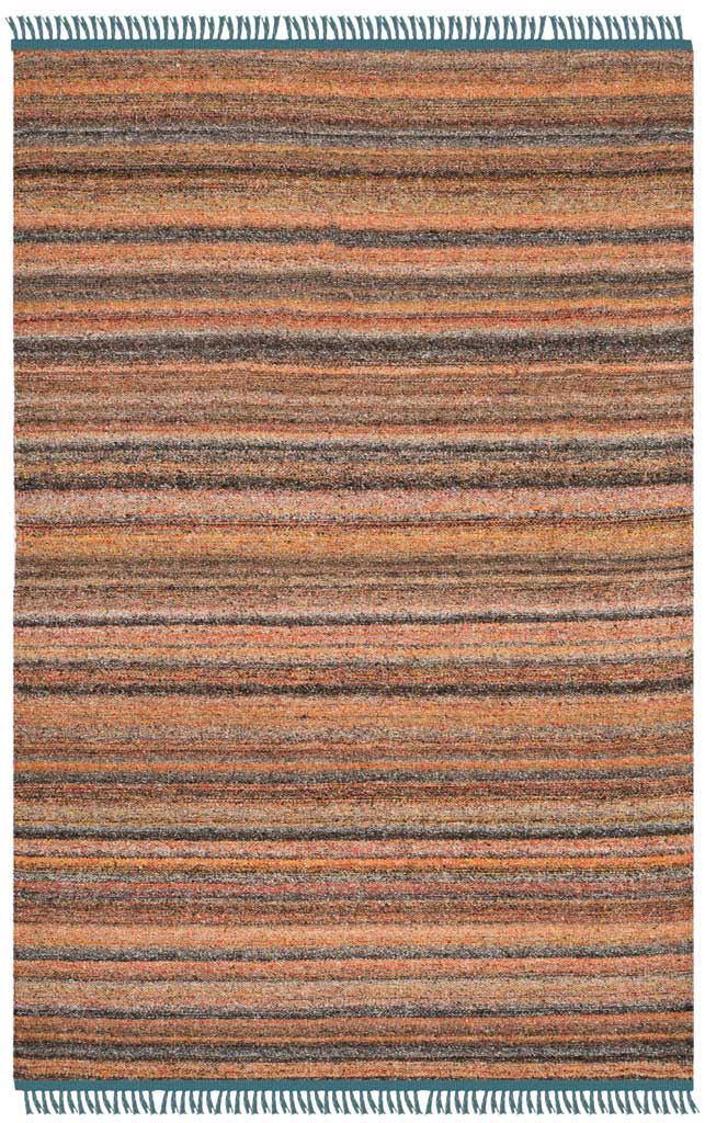 Warm blush, coral, and charcoal stripes add color to a handwoven rectangular rug with fringe