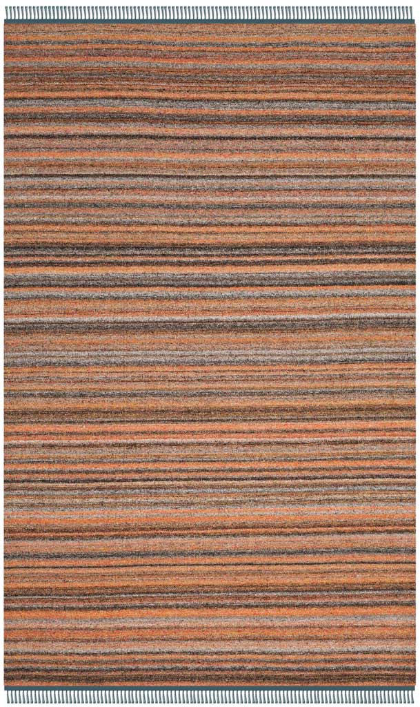 Blended pink and gray bands create a softly textured stripe pattern with blue fringed ends