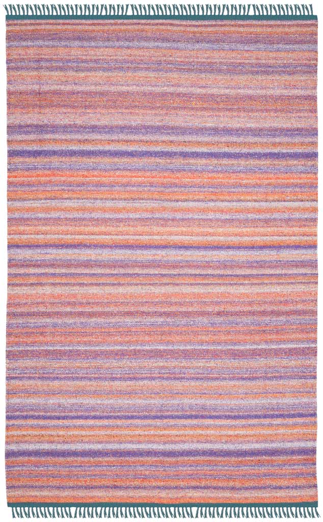 Lilac, orange, and rust-colored stripes give this fringed rug a softly vibrant finish