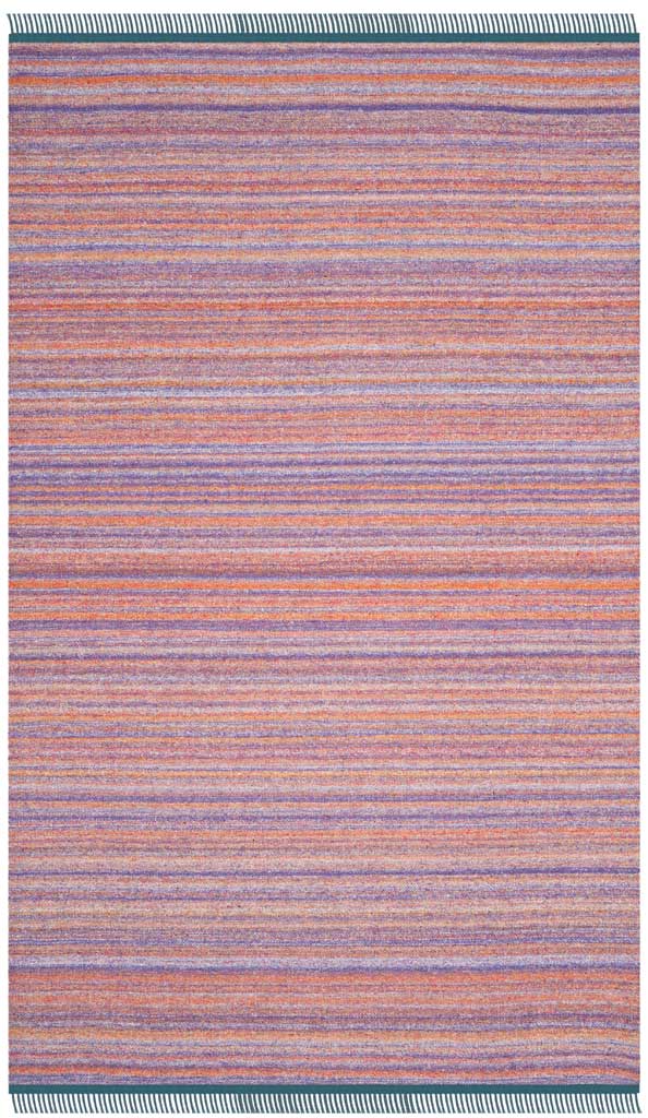 Fine lilac and rust bands create a gentle striped pattern on a rectangular rug with fringe