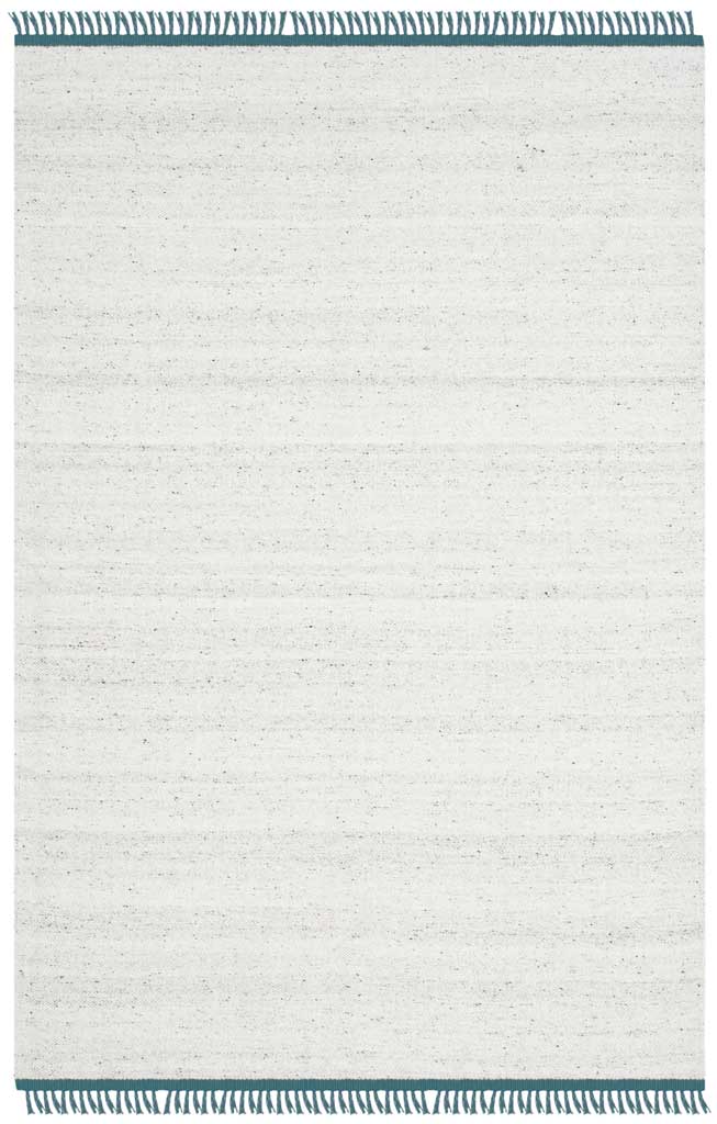 Soft ivory and gray texture meets long teal fringe on both ends of this rectangular rug.