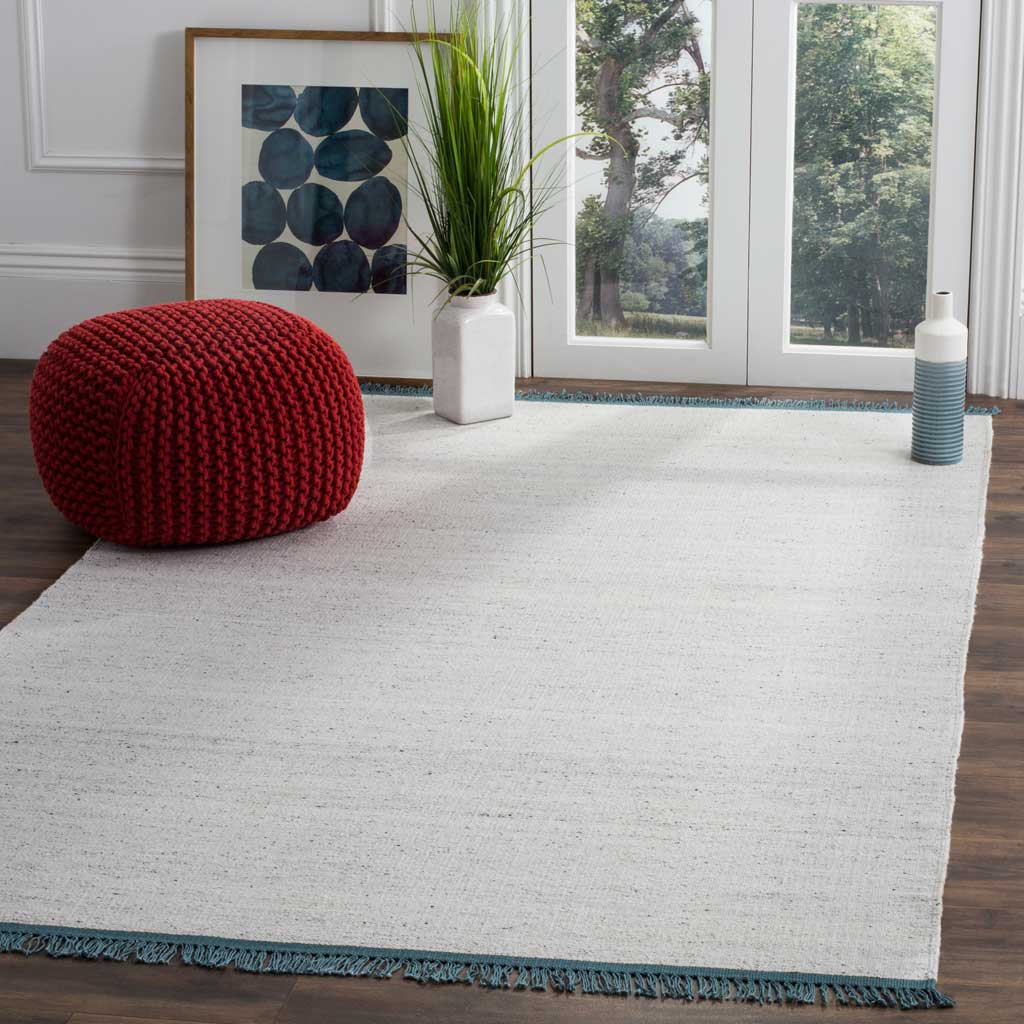 An ivory and gray rug with understated texture and teal fringe softens a sunlit living area.