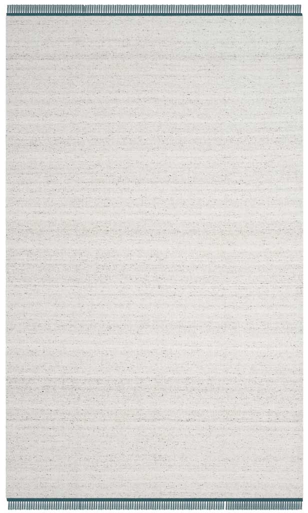 Subtle gray speckles bring depth to an ivory rug finished with slim teal fringe.