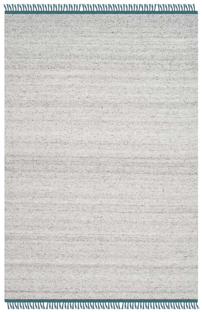 Light gray and ivory rug with a softly speckled weave and blue-green tassels at each end