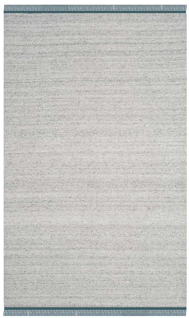 Gray and ivory rug with subtle striations and slim teal borders with fringe