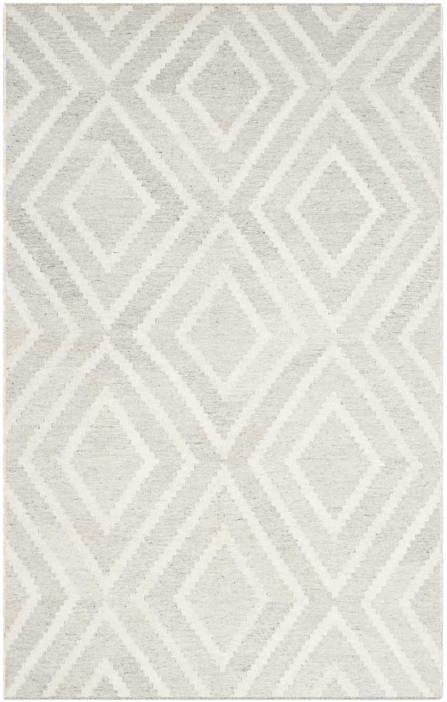 Pale silver and ivory rug with repeating diamonds and a soft tonal finish