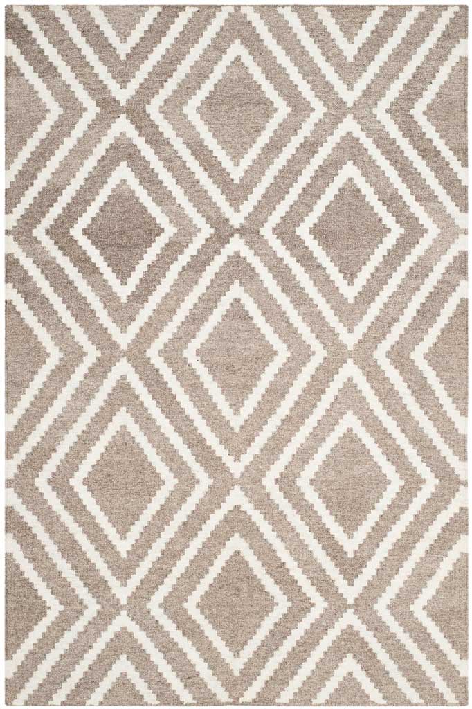 Handwoven gray and ivory rug with nested diamonds in a repeating geometric pattern