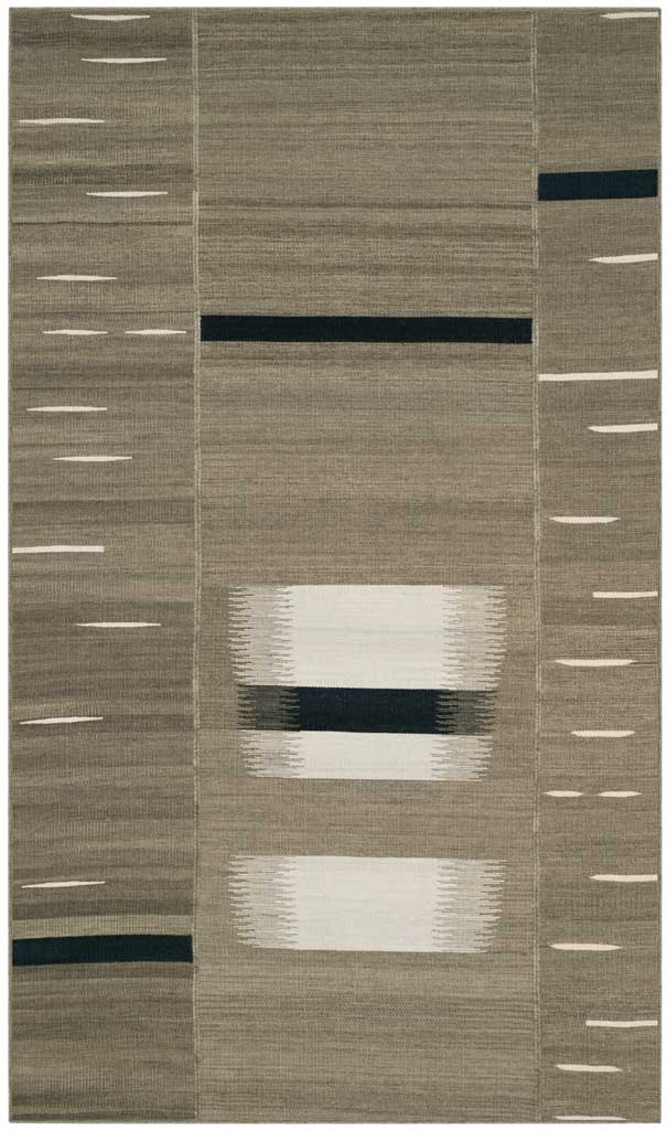 Handwoven wool rug combines a soft neutral ground with offset cream blocks and dark linear accents
