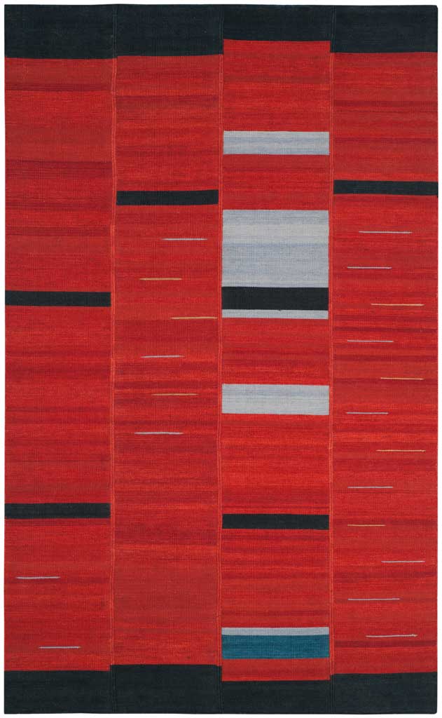 Vibrant red wool rug pairs wide black bands with blue, gray and white stripes