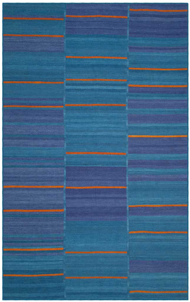 Three panels of blue and violet stripes bring lively color and texture to this wool rug