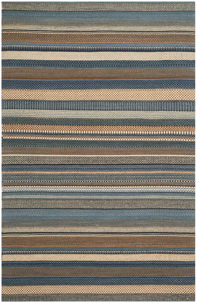 Rectangular wool rug combines varied blue stripe widths with subtle geometric motifs