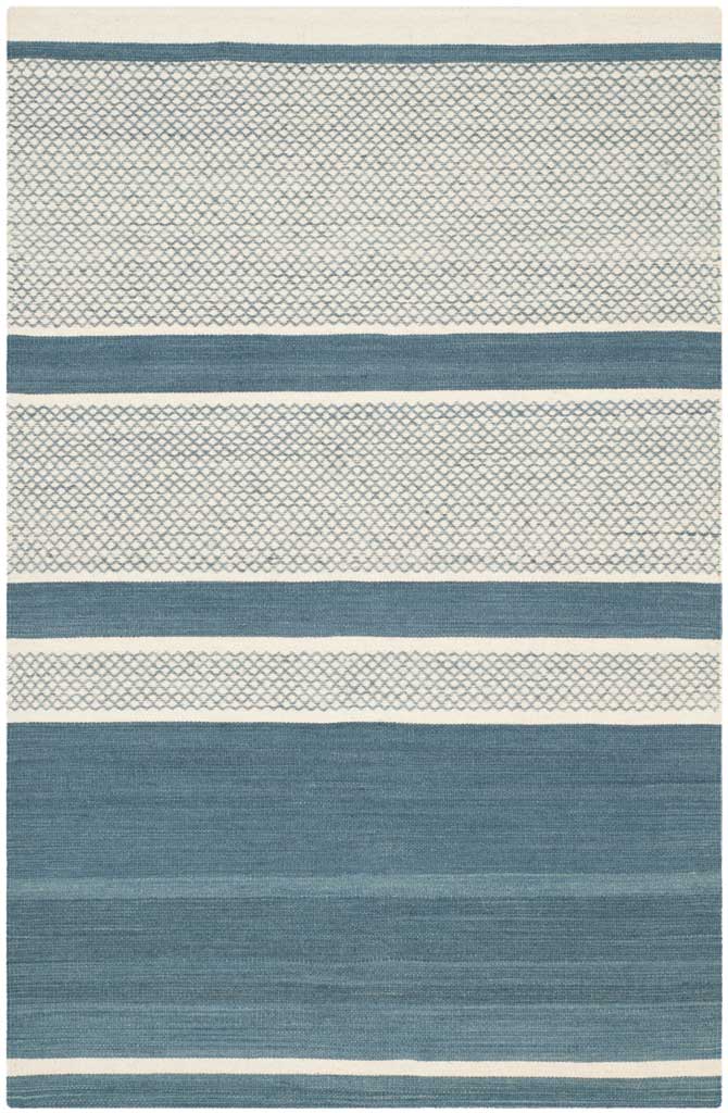 Blue and ivory rug sets textured diamond bands and fine stripes against a broad blue section.