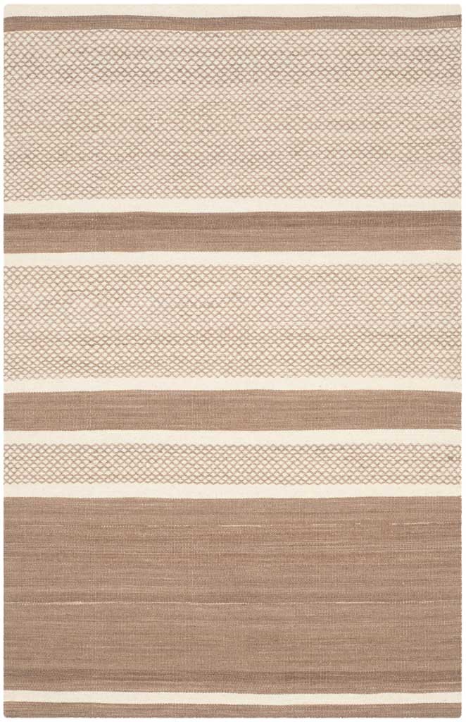 Brown and ivory rug layers small-scale diamond bands with broad, softly striated brown stripes.