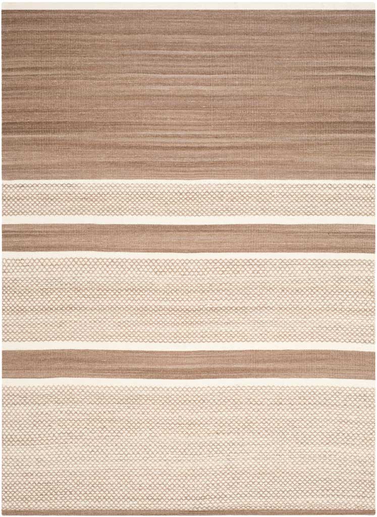 Warm brown stripes contrast with airy ivory latticework on a handwoven rug.