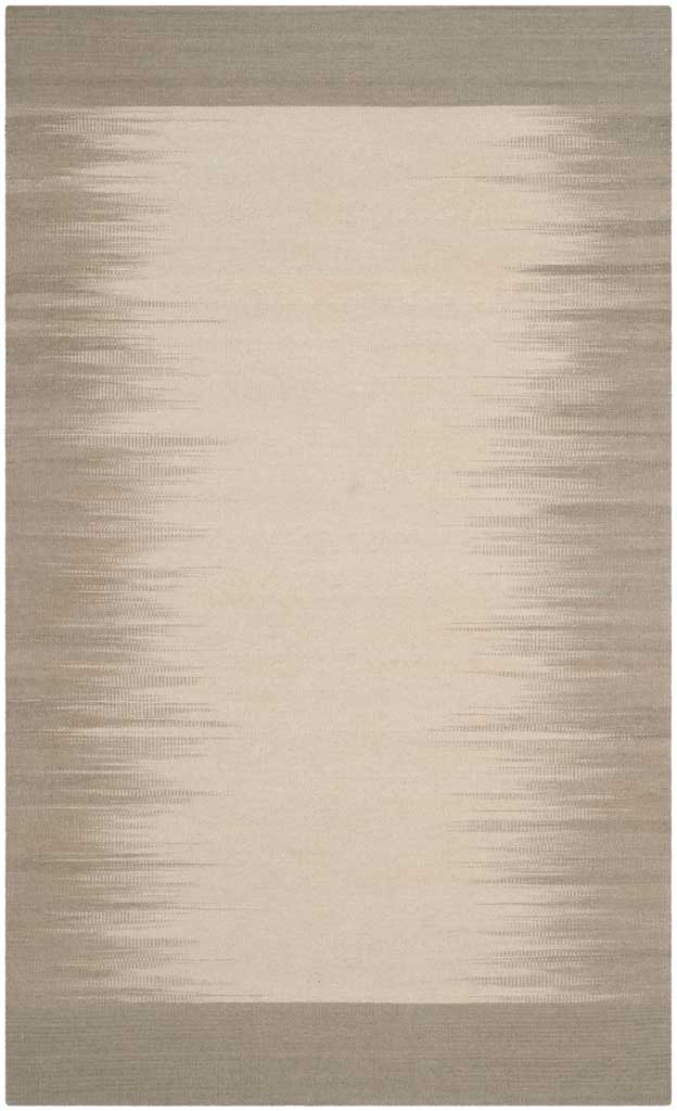 Beige and light green wool rug with subtle striations and a clean rectangular silhouette