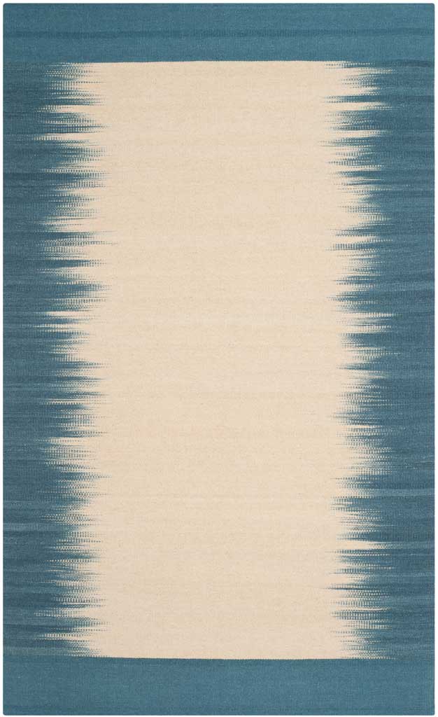 Fine blue striations blend into the beige center of this rectangular wool rug