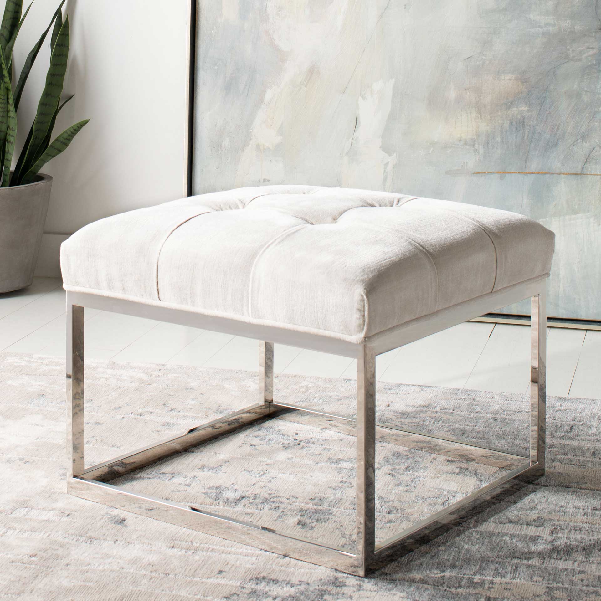 Simeon White Velvet Tufted Ottoman Bella White