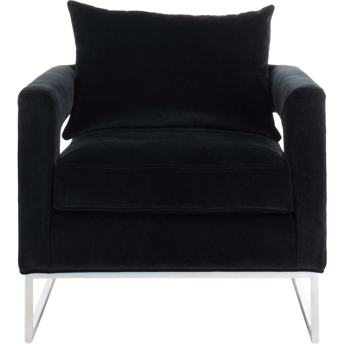 Plush black velvet upholstery frames a broad seat and soft back pillow above slender chrome legs || KNT7019A || front_studio
